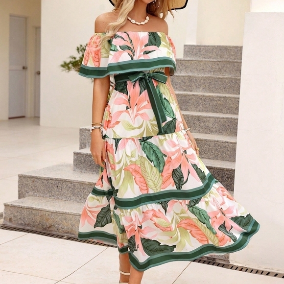 Color Block Striped Plant Printed Off Shoulder Dress - Picture 5 of 7